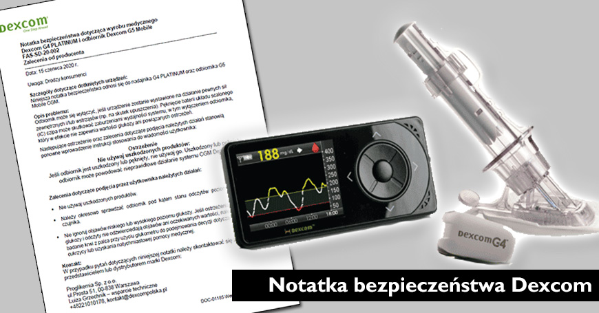 Notatka bezpieczestwa firmy Dexcom dotyczca instrukcji stosowania nadajnika G4 PLATINUM i odbiornika G5 Mobile CGM